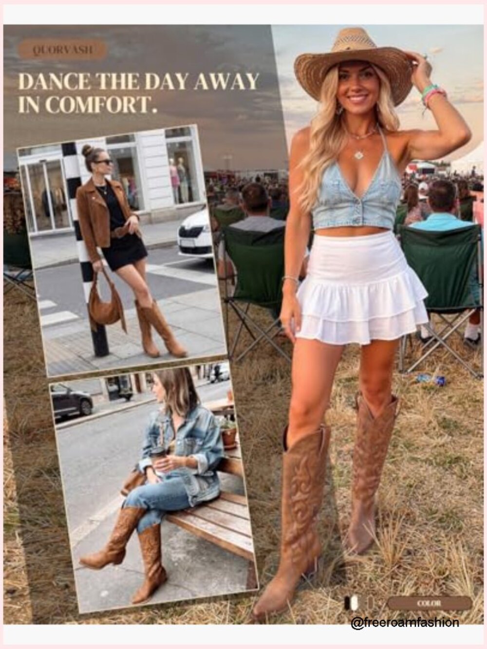 Knee High Wide Calf Cowgirl Boots with Chunky Heel Snip Toe Side Zipper - Picture 2 of 7
